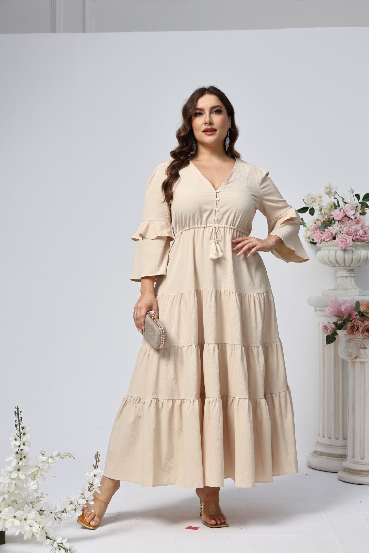 Women Large Swing V neck Long Dress