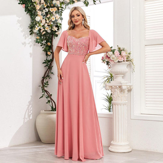 Square Collar Short Sleeve Backless Pink Evening Dress - Venus Trendy Fashion Online