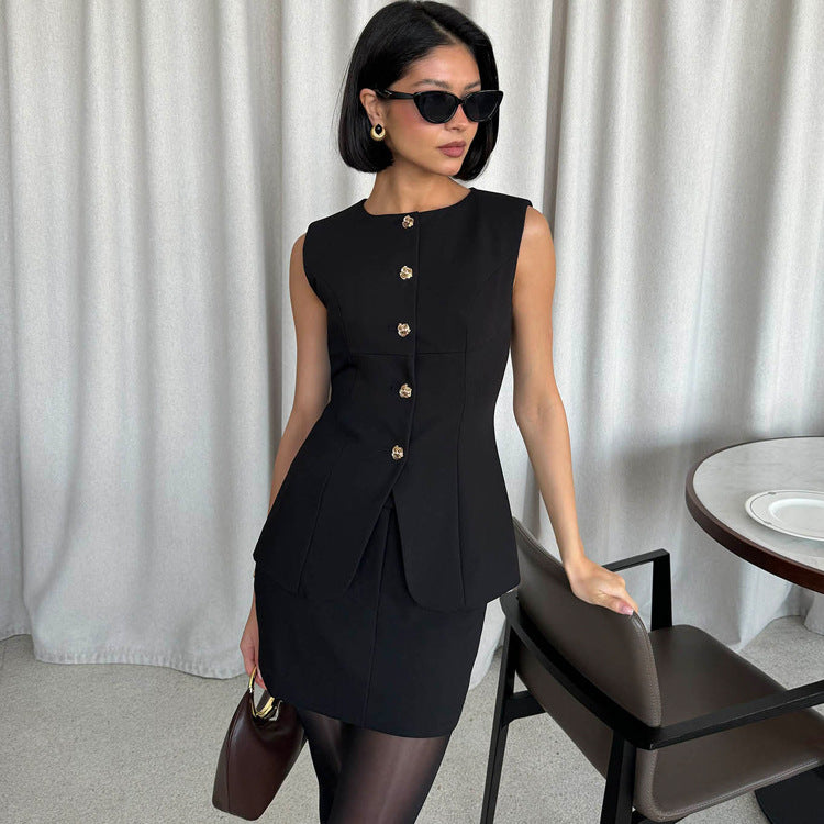 Women Arrival round Neck Sleeveless Top Skirt Two Piece Set