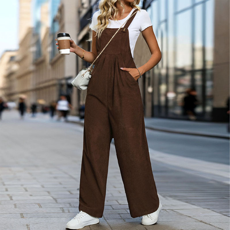 Women Maillard Solid Color Corduroy Suspender Pants