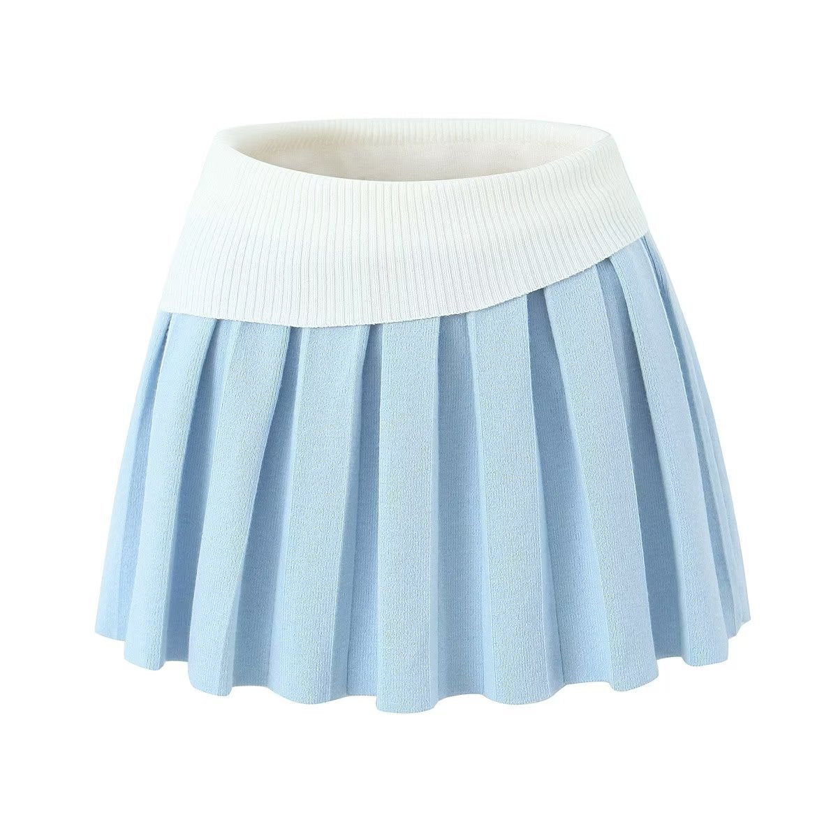 Women Blue Irregular Asymmetric Knitting Pleated Skirt