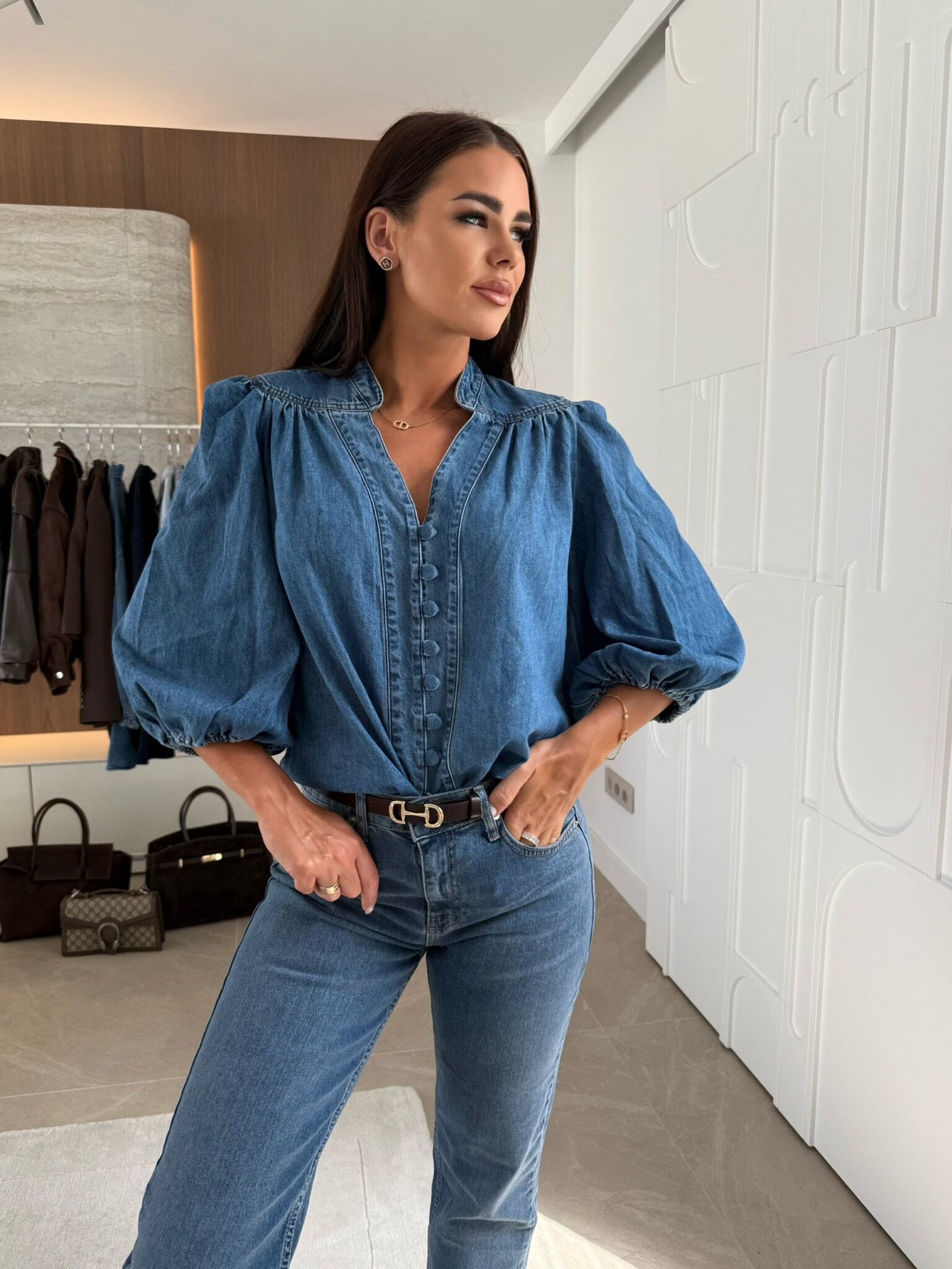 Women Casual Lantern Sleeve V neck Denim Shirt