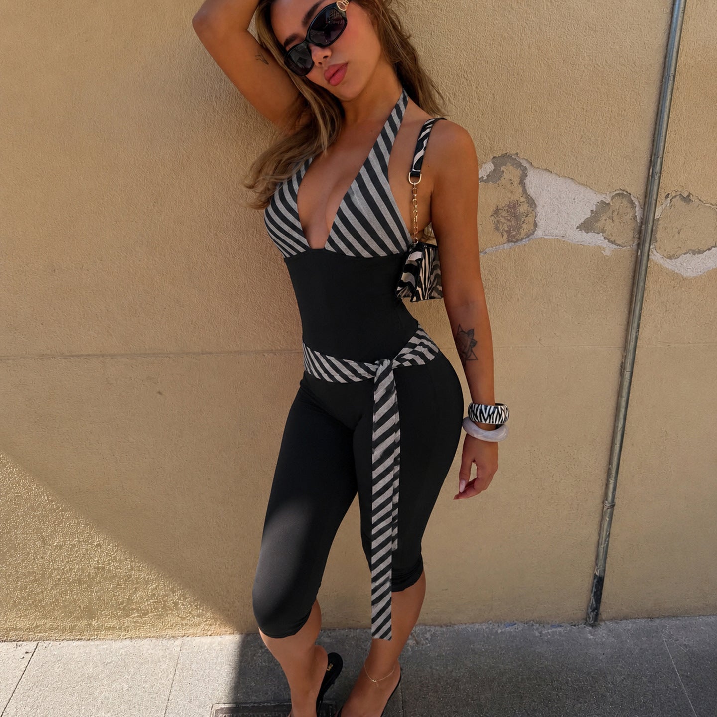 Casual Striped Strap Halter Jumpsuit