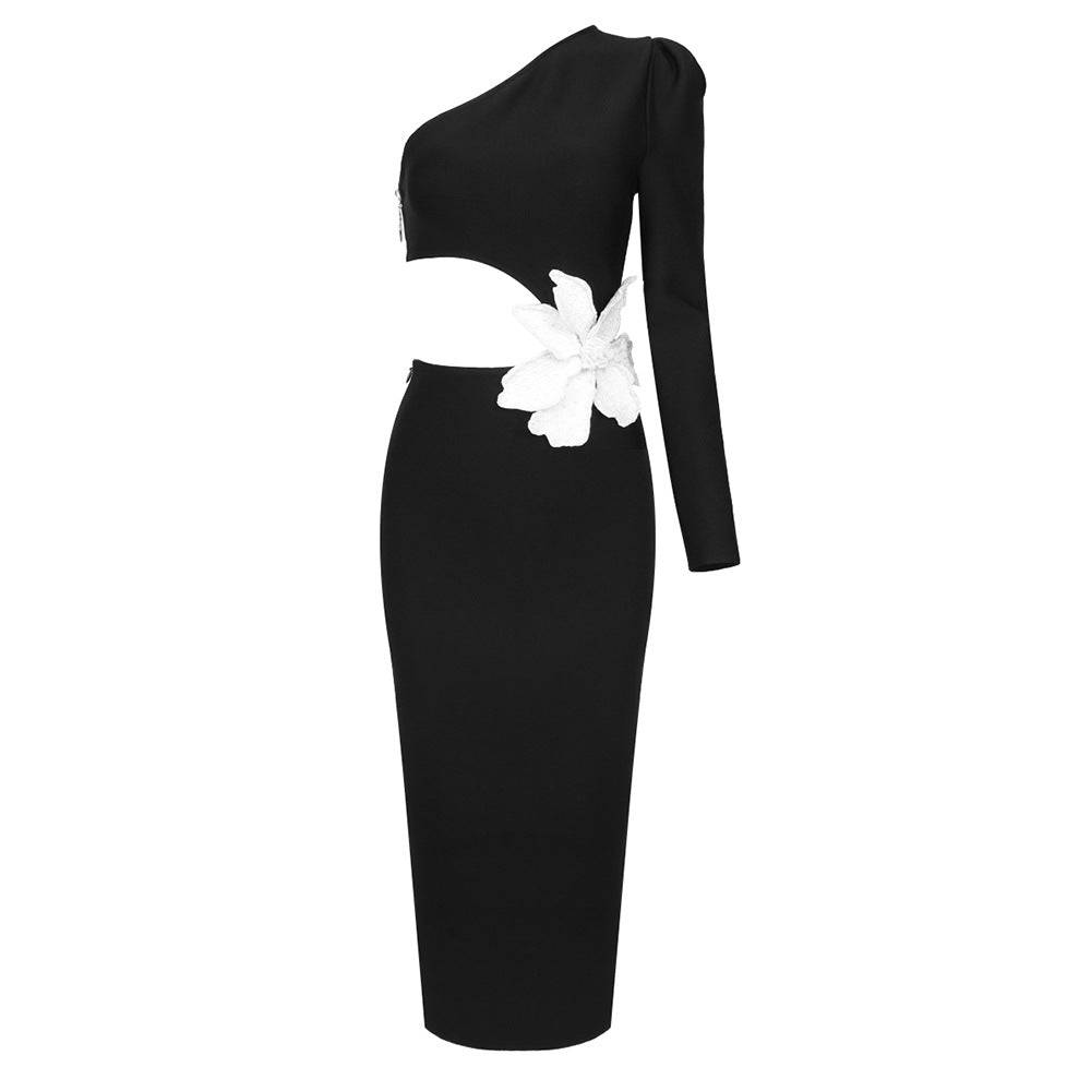 Winter Black Long Sleeve Single Piece Diagonal Collar Dress - Venus Trendy Fashion Online