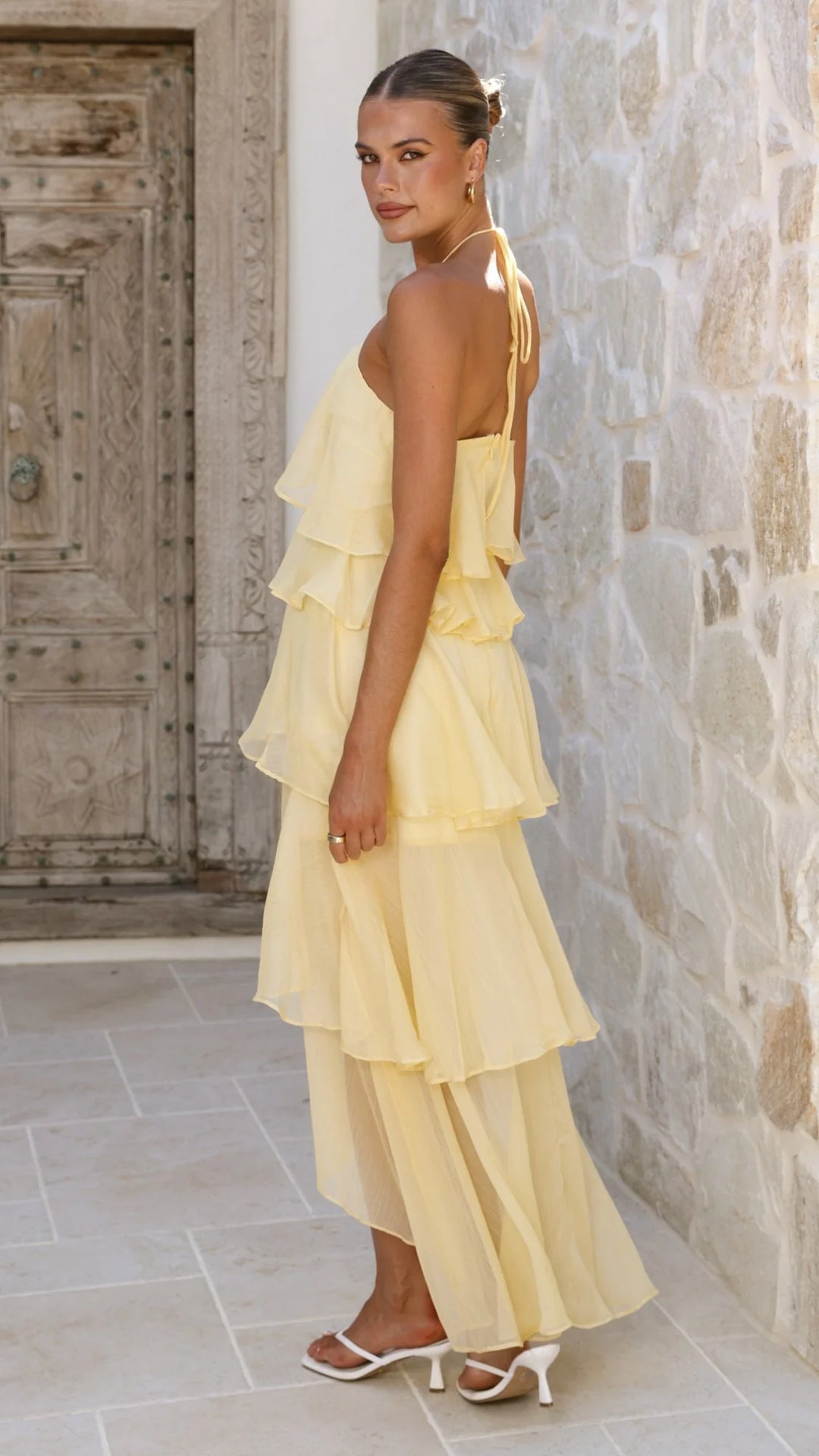 Summer Ruffled Elegant Halter Solid Color Cake Chiffon Dress