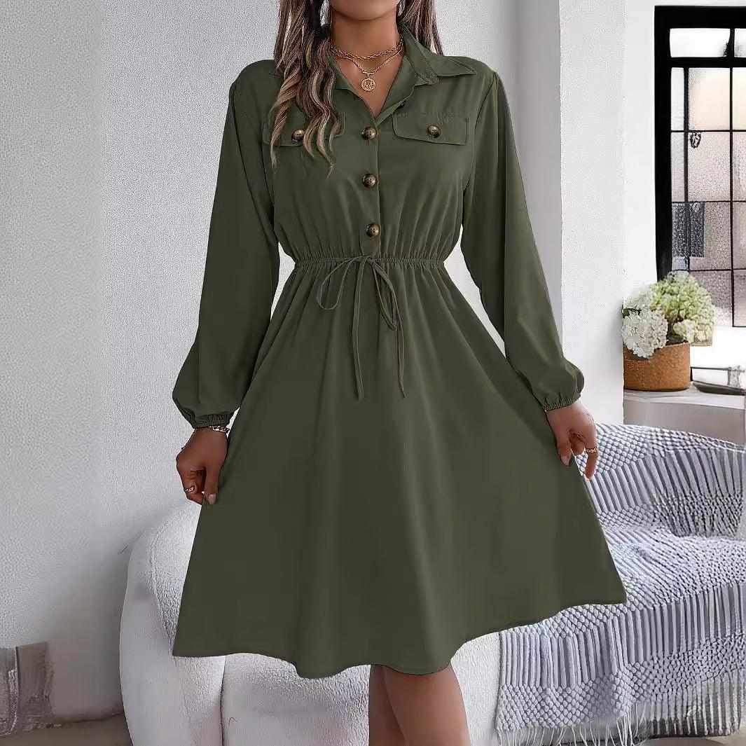 Real Shot Autumn Winter Casual Button Lace up Dress - Venus Trendy Fashion Online