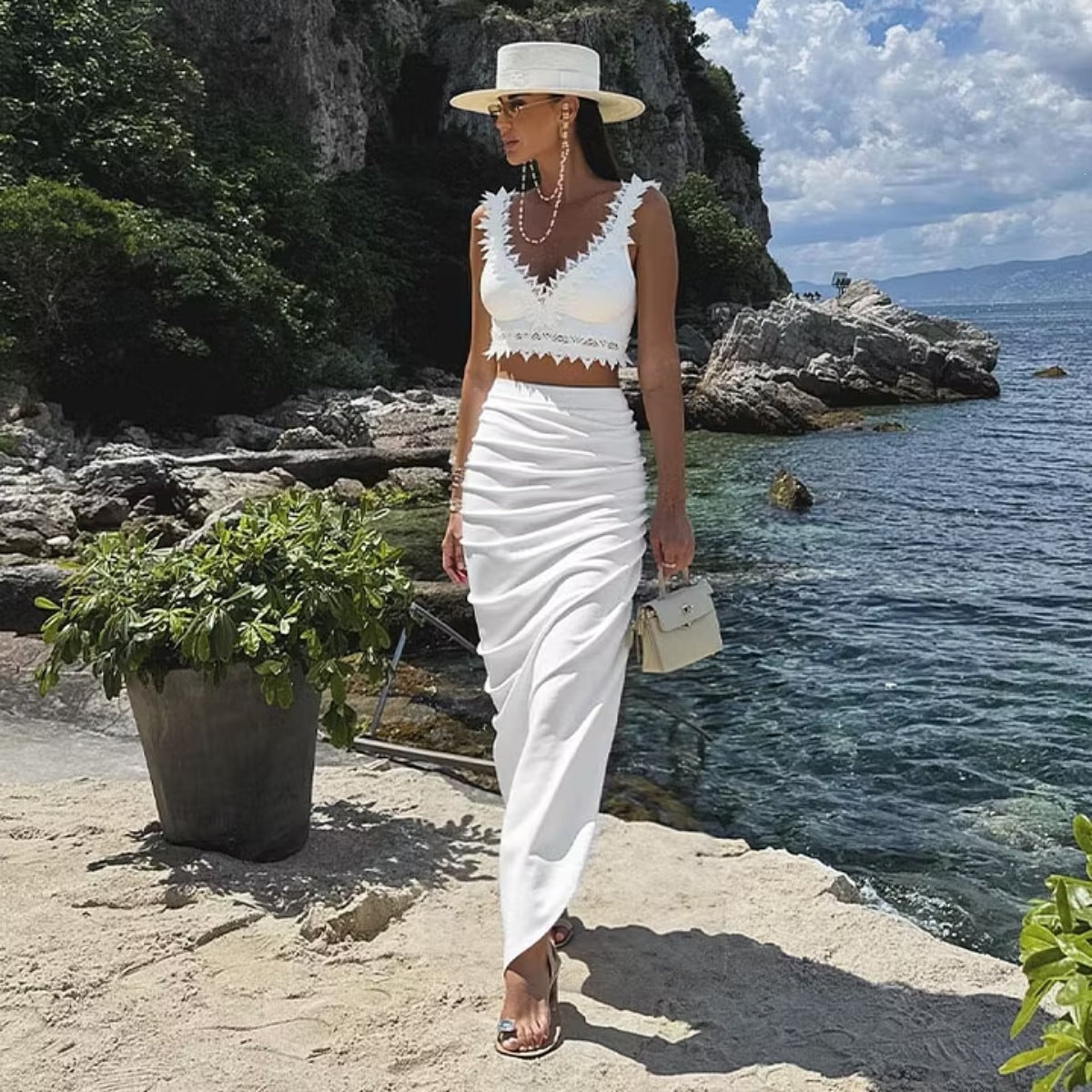 French White Lace Ruffled High Waist Split Swimsuit