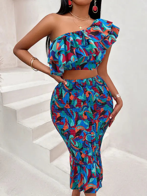 Off-shoulder lotus leaf print women's suit - Venus Trendy Fashion Online