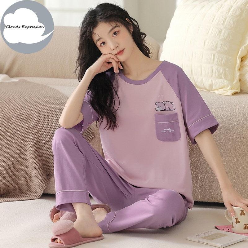 Short Sleeved Cartoon Bear Pajama Sets - Venus Trendy Fashion Online