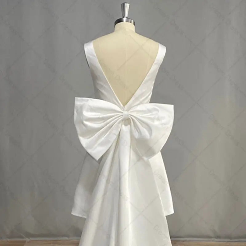 Short Mini Satin V Neck Bridal Gown Large Bow Open Back Sleeveless Wedding/Party Dress - Venus Trendy Fashion Online