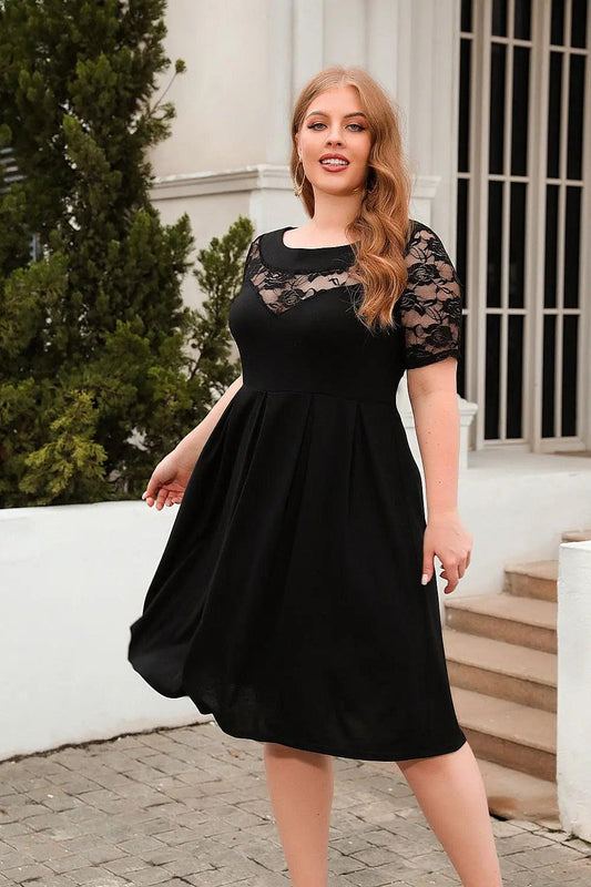 Plus Size Hollow Out Cutout Lace Casual Loose Dress Holiday Office Dress Women Clothing - Venus Trendy Fashion Online