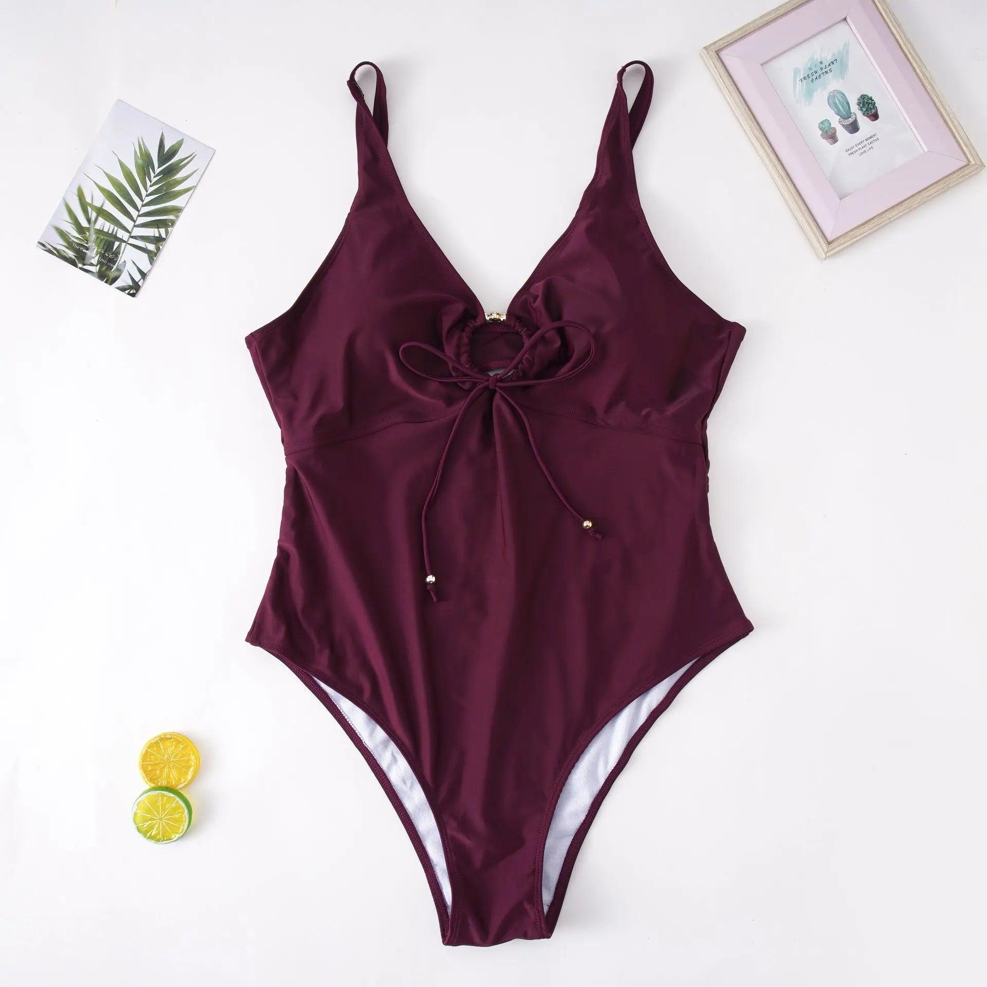Plus Size Solid Color Lace-up High Waist Sexy Bikini Swimsuit Swimwear - Venus Trendy Fashion Online