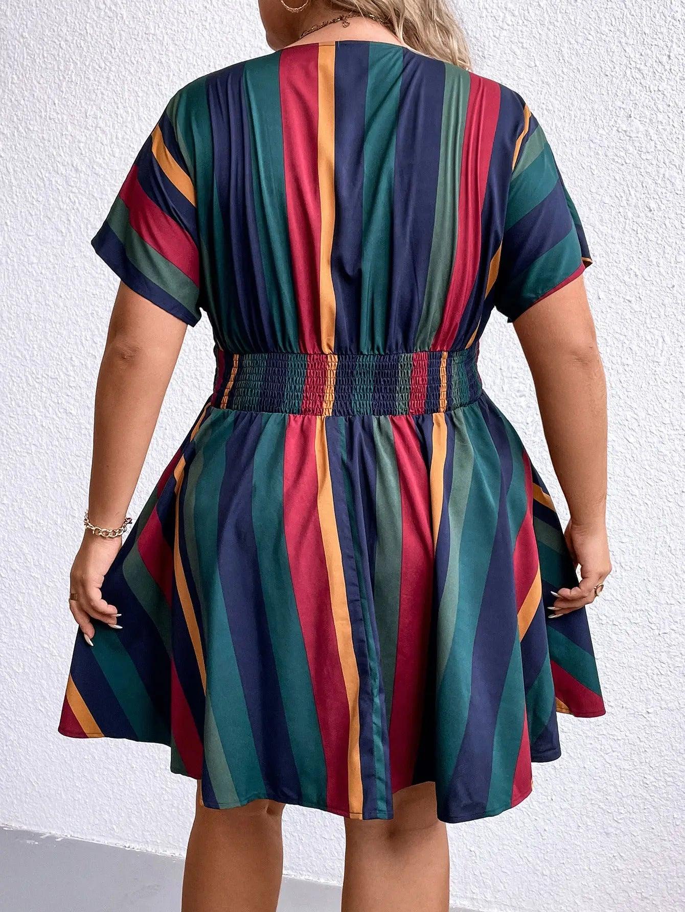 Plus Size Women V neck Striped Waist Slimming Dress - Venus Trendy Fashion Online