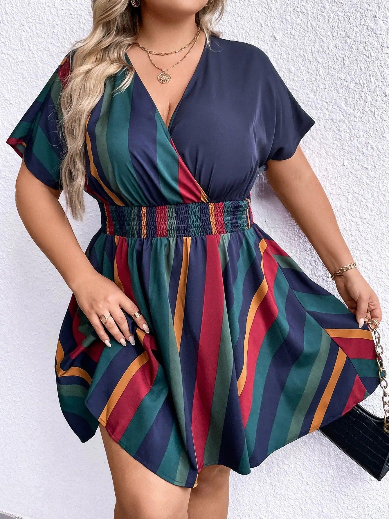 Plus Size Women V neck Striped Waist Slimming Dress - Venus Trendy Fashion Online