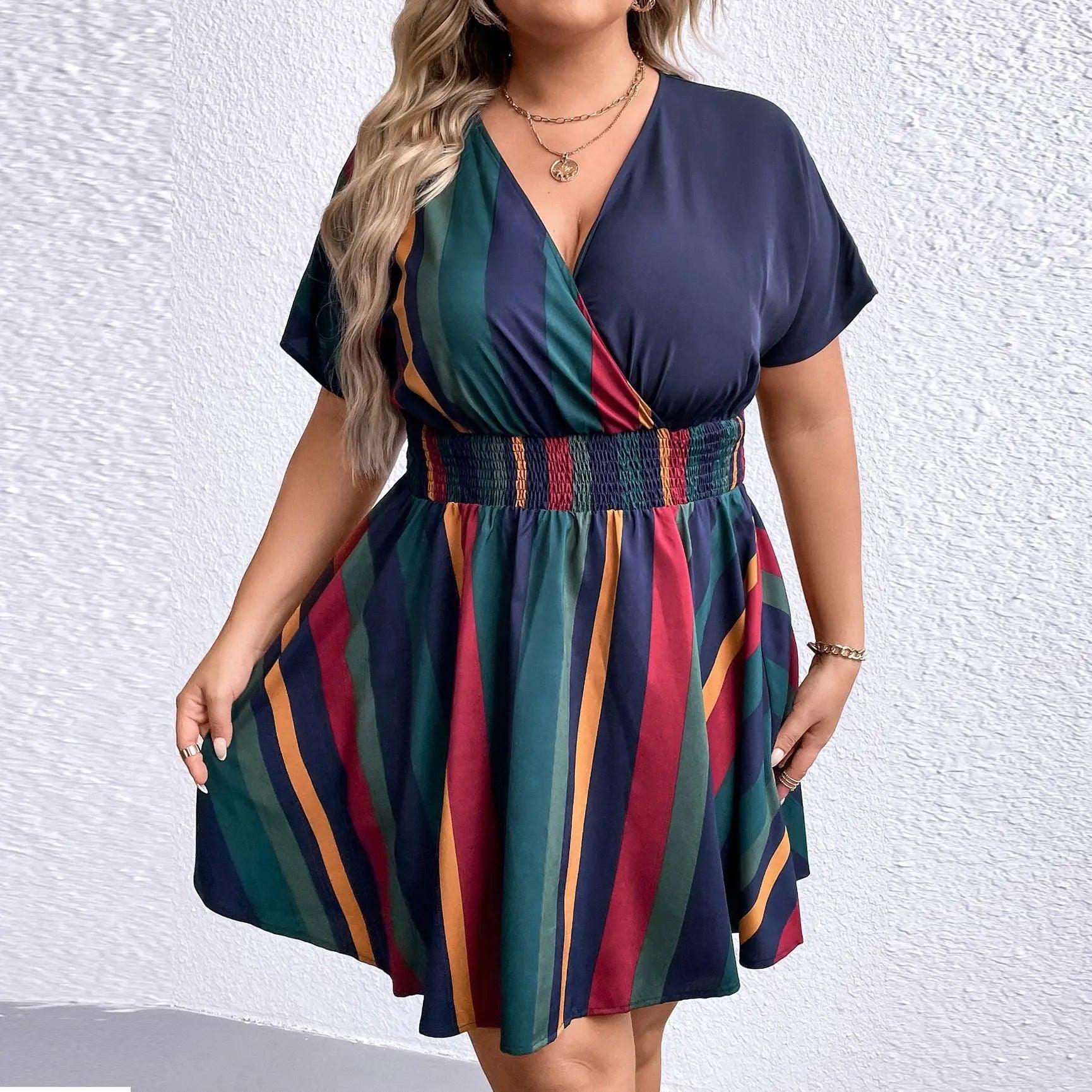 Plus Size Women V neck Striped Waist Slimming Dress - Venus Trendy Fashion Online