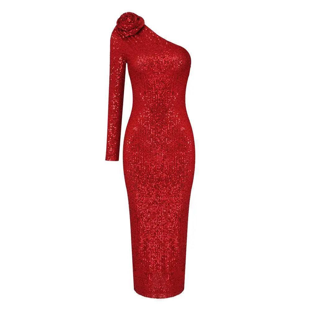 Red Three-Dimensional One Shoulder Floral Sequin Formal Dress - Venus Trendy Fashion Online