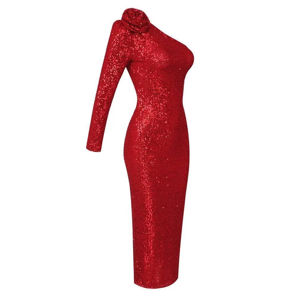 Red Three-Dimensional One Shoulder Floral Sequin Formal Dress - Venus Trendy Fashion Online