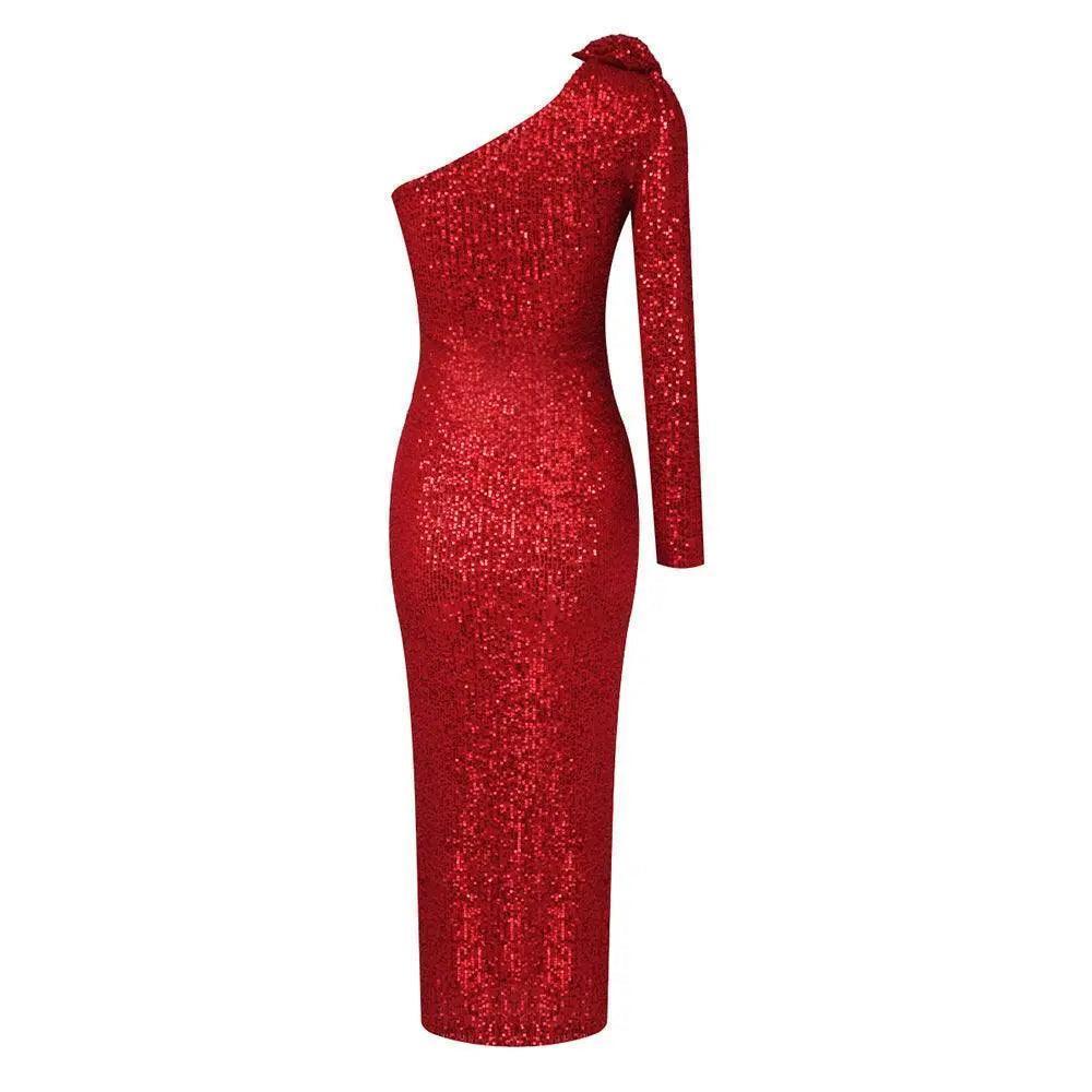 Red Three-Dimensional One Shoulder Floral Sequin Formal Dress - Venus Trendy Fashion Online