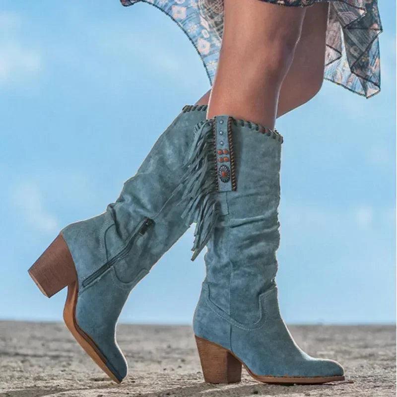 Women Metal Buckle Pointed Western Cowboy Boots - Venus Trendy Fashion Online