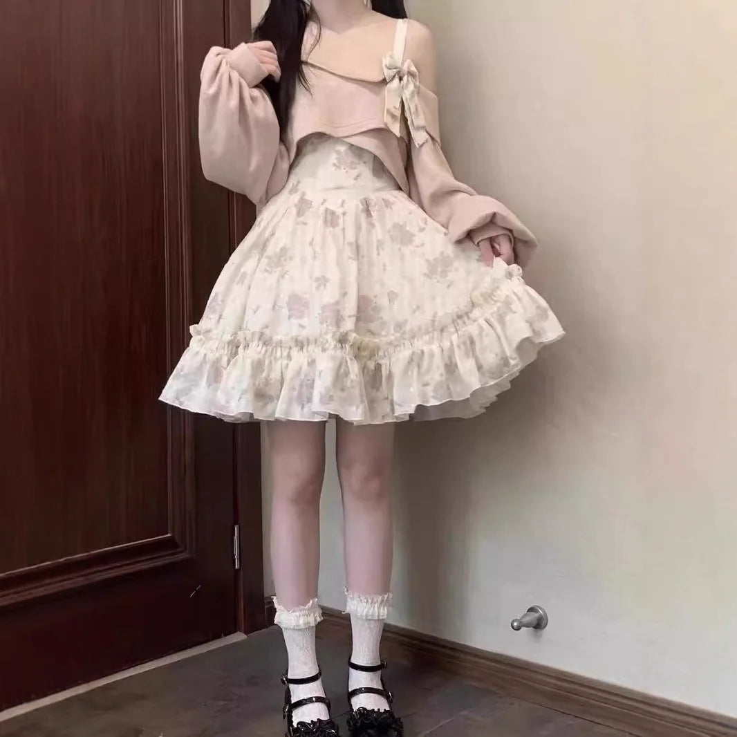 Lolita Floral Print Off-Shoulder Strap Dress
