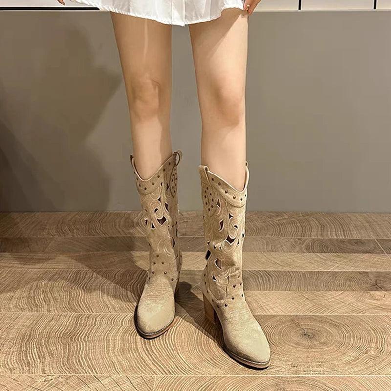 Autumn Chunky Heels Knee High Cowboy Boots - Venus Trendy Fashion Online