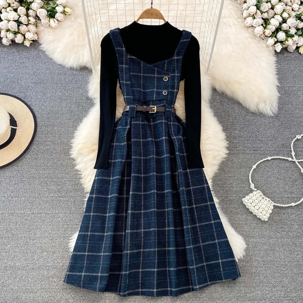 Women Autumn Winter Plaid Woolen Spaghetti Strap Dress With Belt - Venus Trendy Fashion Online