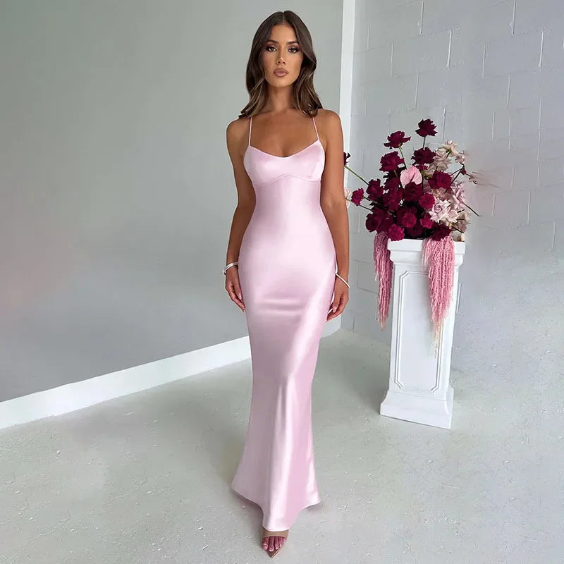 Sexy Spaghetti Strap Satin Party Long Dress