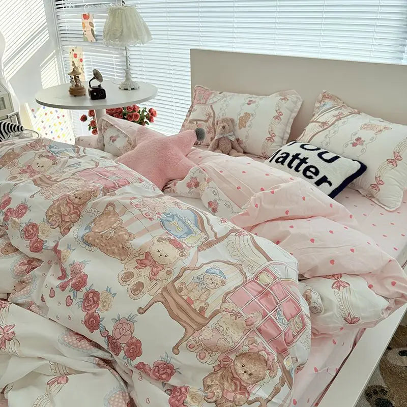 Korean Kawaii  Bear Floral Bedding sets