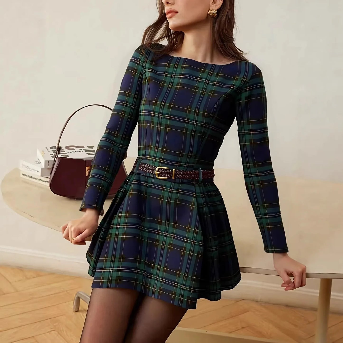 Elegant Plaid Long Sleeve Short Dress