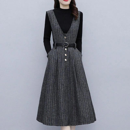 Winter Vintage Stripe Printing V-neck Tank Dress Set - Venus Trendy Fashion Online