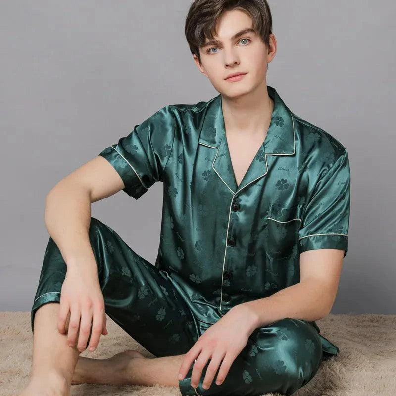 Summer Men Ice Silk Pajamas Suit