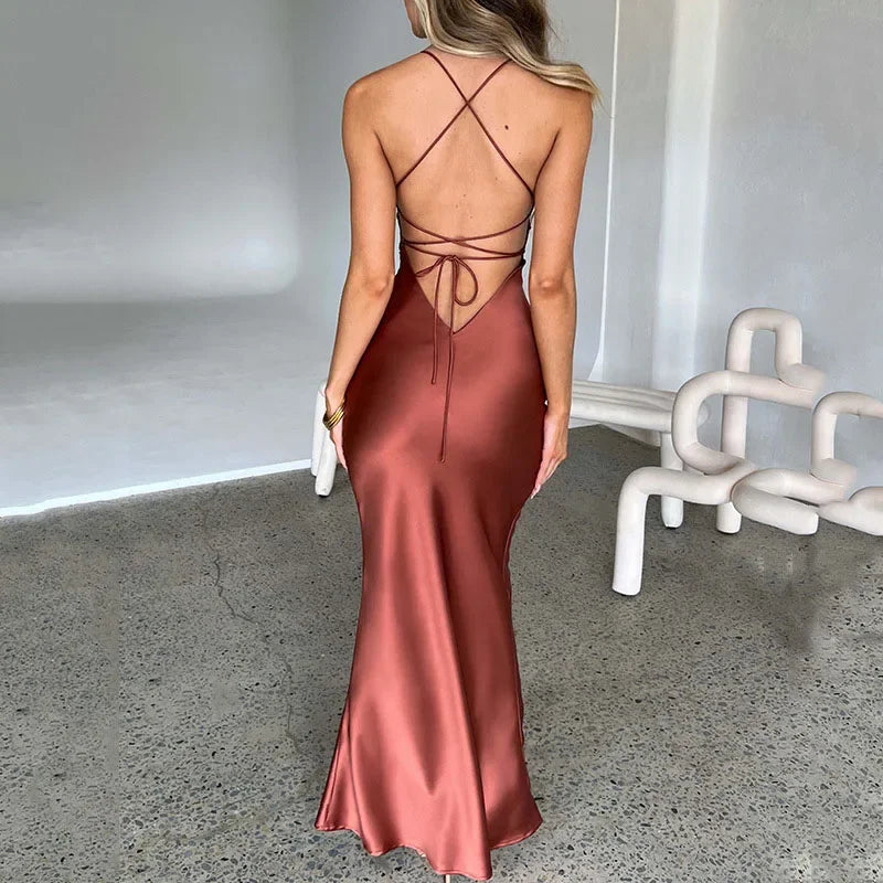 Sexy Spaghetti Strap Satin Party Long Dress