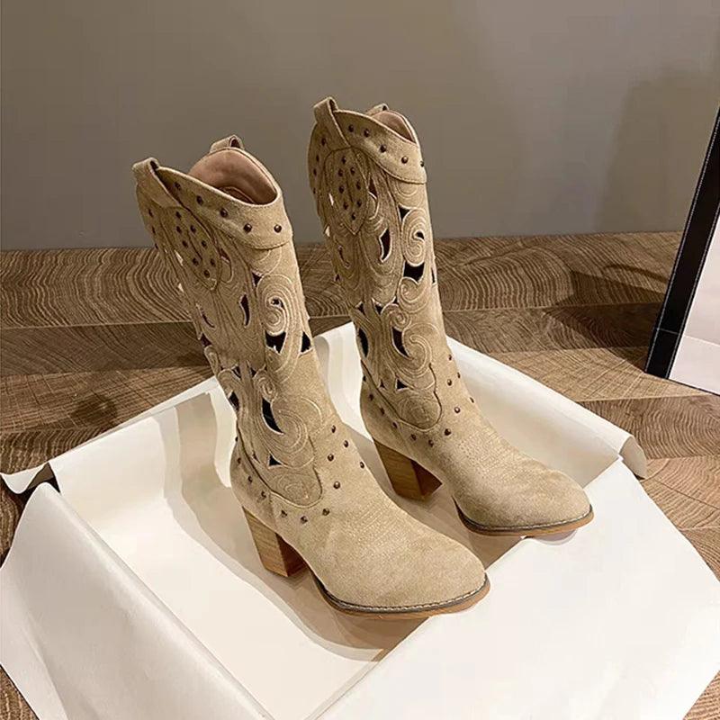 Autumn Chunky Heels Knee High Cowboy Boots - Venus Trendy Fashion Online