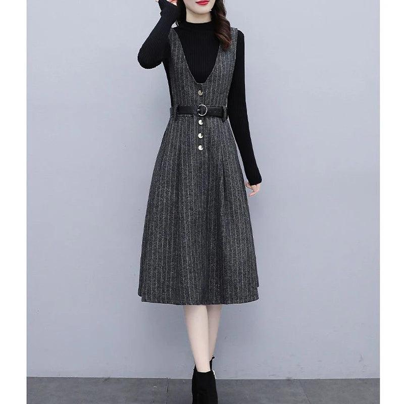 Winter Vintage Stripe Printing V-neck Tank Dress Set - Venus Trendy Fashion Online