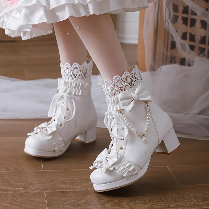 Lace Up Chunky Heel Sweet Lolita Shoes - Venus Trendy Fashion Online