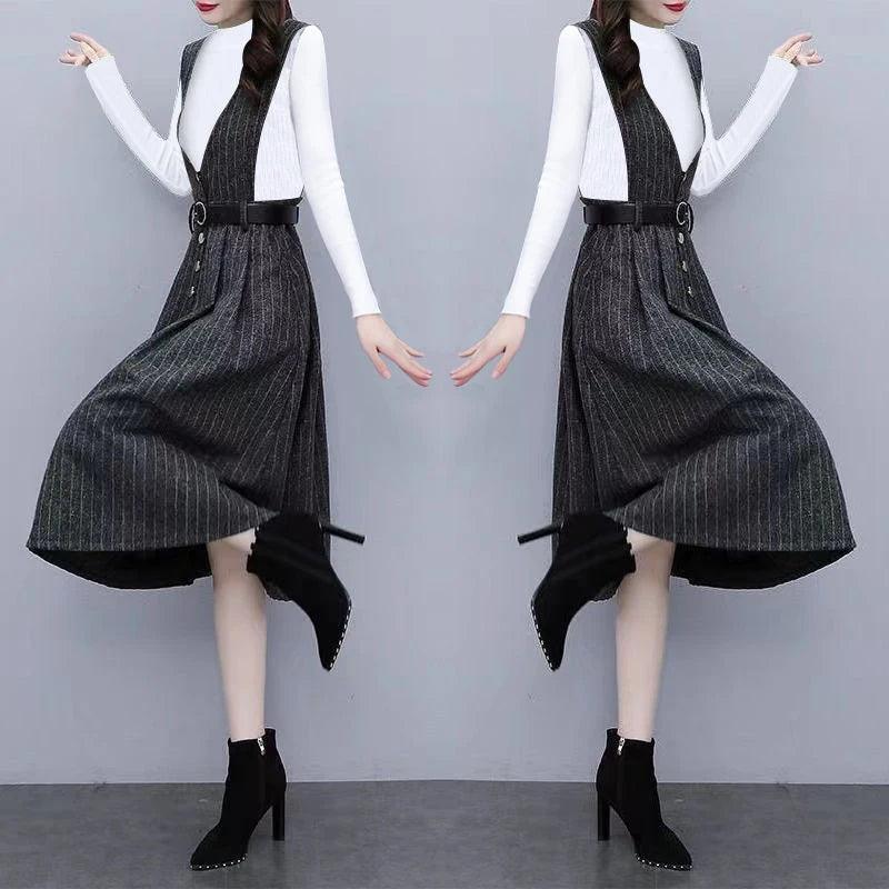 Winter Vintage Stripe Printing V-neck Tank Dress Set - Venus Trendy Fashion Online