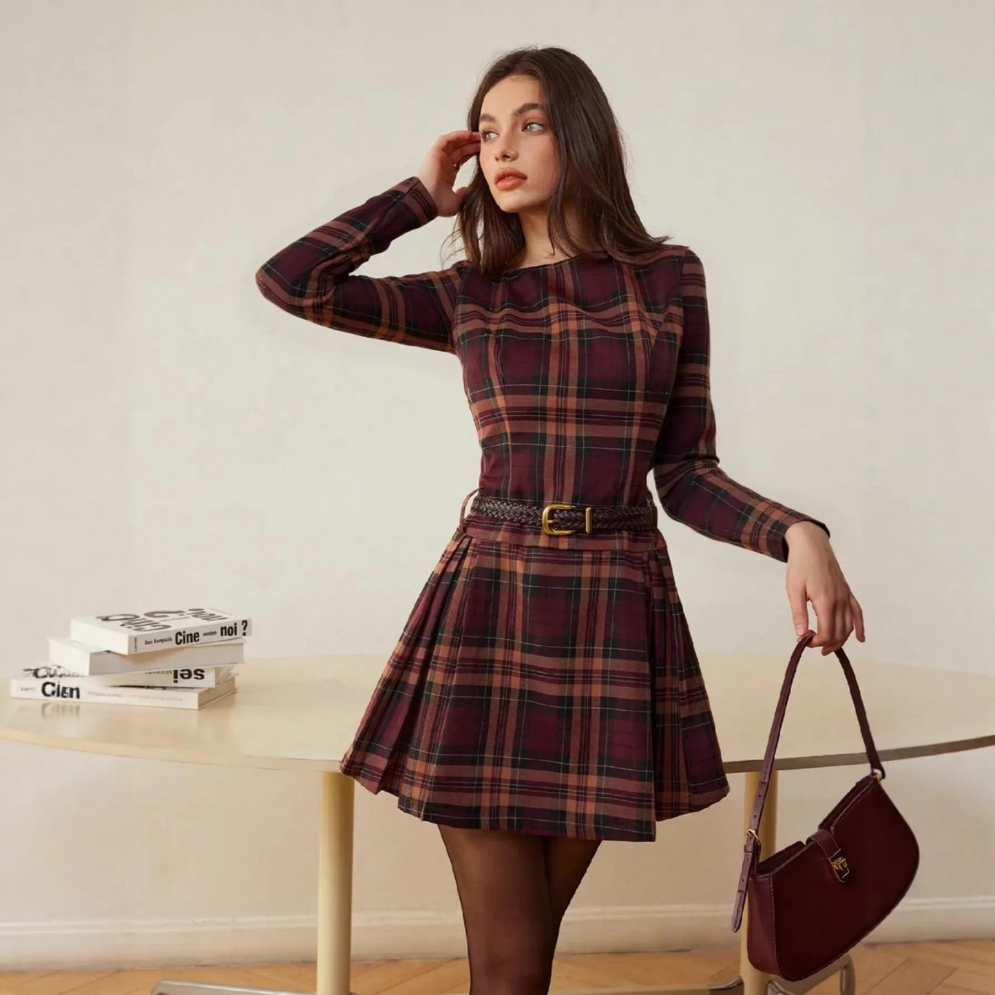 Elegant Plaid Long Sleeve Short Dress