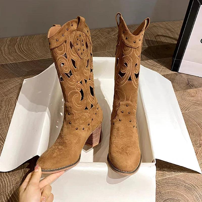 Autumn Chunky Heels Knee High Cowboy Boots - Venus Trendy Fashion Online