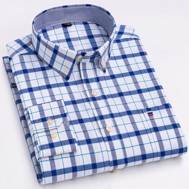 Men's 100% Cotton Plaid Checkered Long Sleeve Oxford Shirt - Venus Trendy Fashion Online