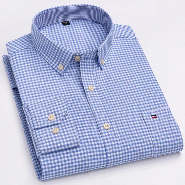 Men's 100% Cotton Plaid Checkered Long Sleeve Oxford Shirt - Venus Trendy Fashion Online