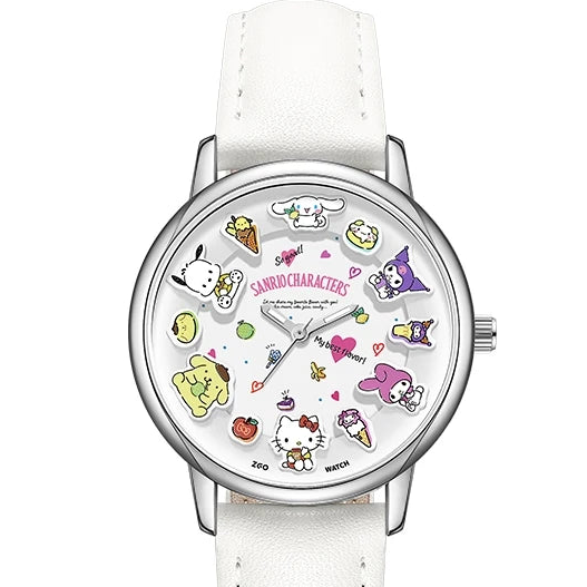 Watch with cartoon character face and white strap on a white background, featuring Sanrio branding.