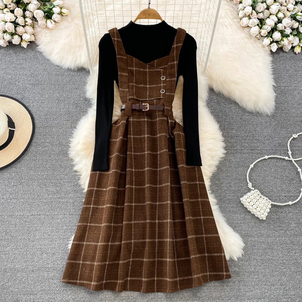 Women Autumn Winter Plaid Woolen Spaghetti Strap Dress With Belt - Venus Trendy Fashion Online