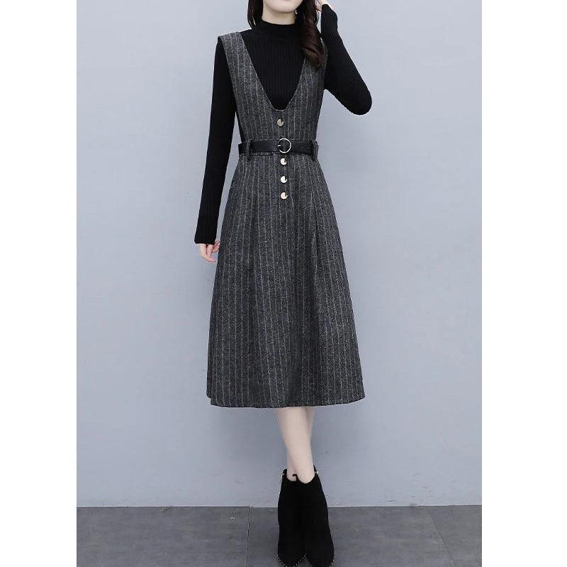 Winter Vintage Stripe Printing V-neck Tank Dress Set - Venus Trendy Fashion Online