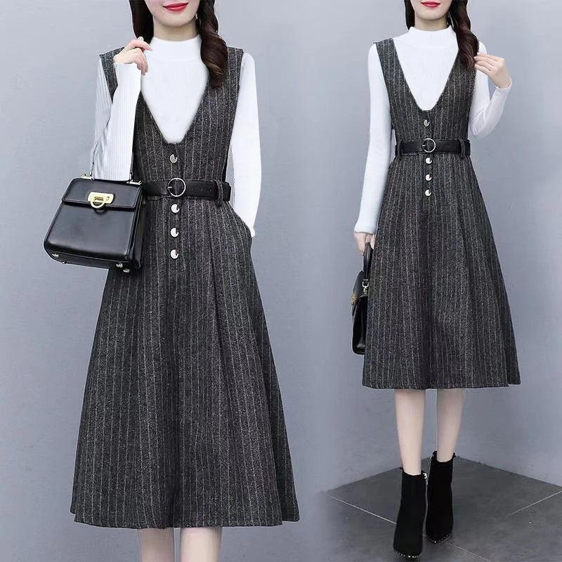 Winter Vintage Stripe Printing V-neck Tank Dress Set - Venus Trendy Fashion Online