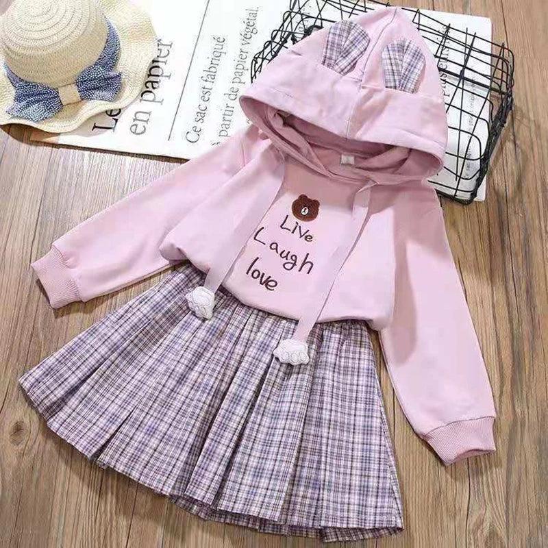 Cotton Cartoon Little Bear Hoodies + Pleated Skirt 2Pcs Suit - Venus Trendy Fashion Online