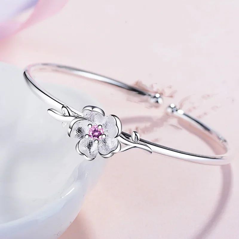 Fashion 925 Sterling Silver Shiny Cherry Blossoms Bracelets