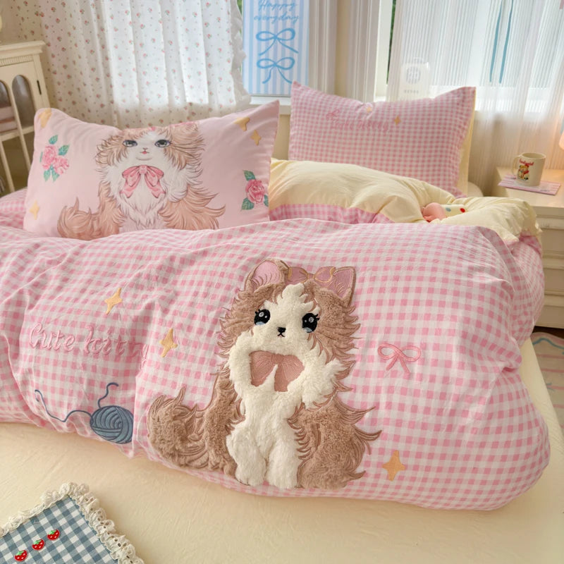 Cute Cartoon's Bow Towel Embroidery Girls Bedding Set