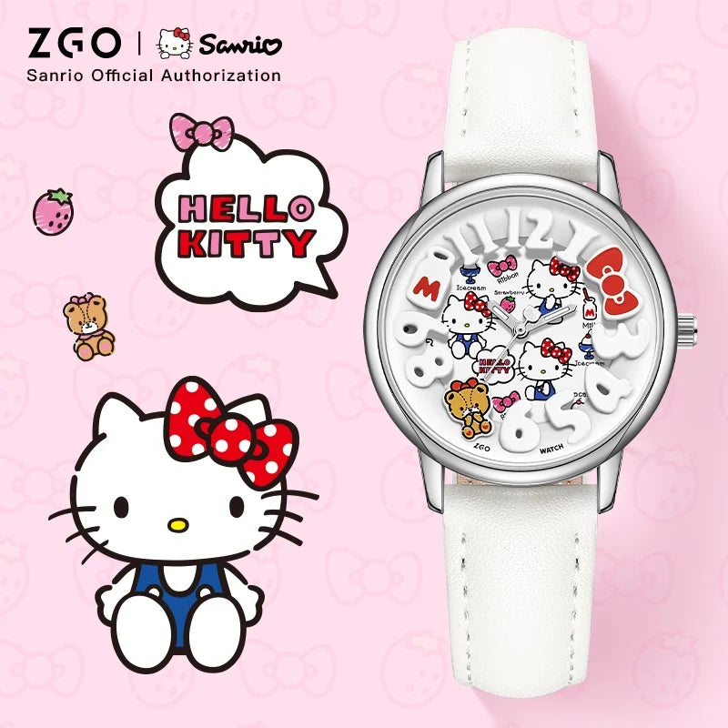 Hello Kitty watch with white strap and pink background