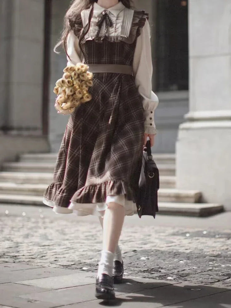 Women Long Skirt Lolita Plaid Dress