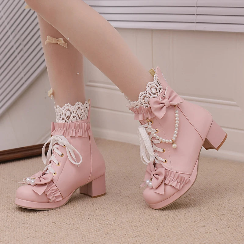 Lace Up Chunky Heel Sweet Lolita Shoes - Venus Trendy Fashion Online